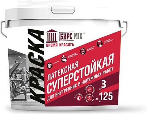 Краска латексная суперстойкая БИРСMIX, для внутренних и наружных работ, 3кг купить в СОМ